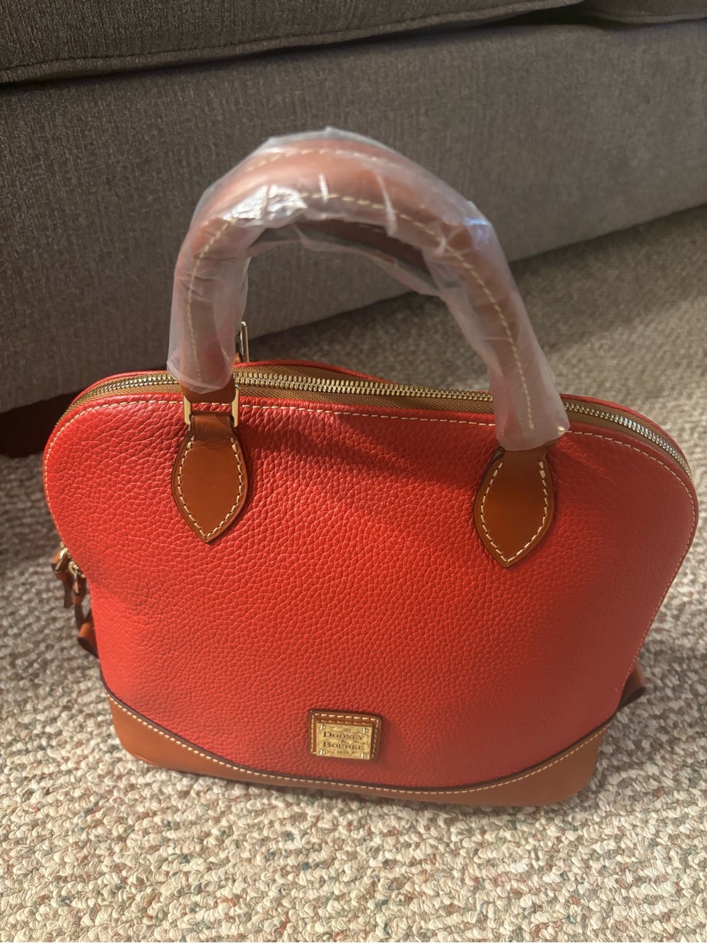 Dooney & Bourke Orange/Red Pebble Leather Satchel with Tan Trim